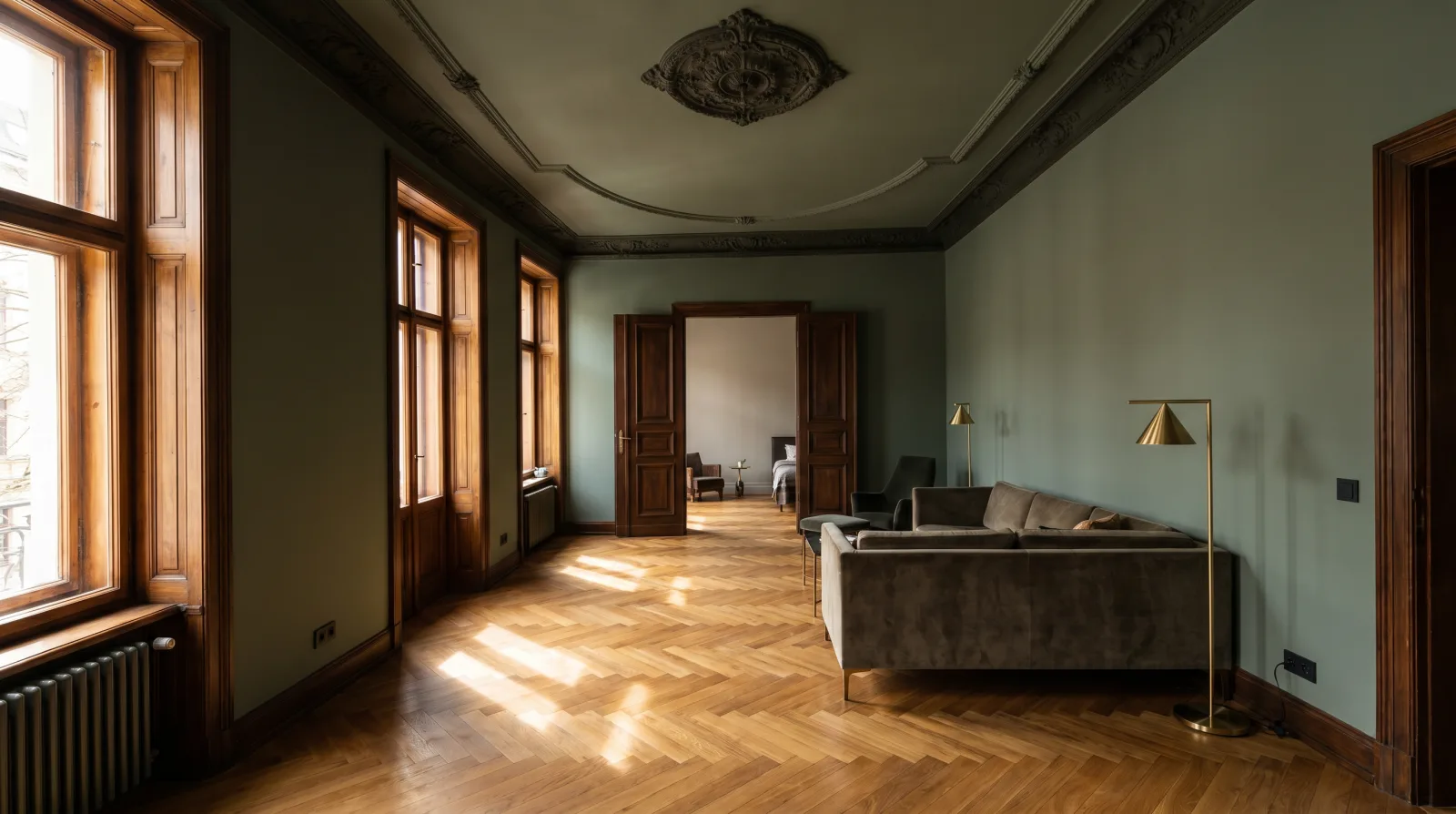 Restaurierter Altbau-Raum mit Stuck nach der Altbausanierung in Bonn